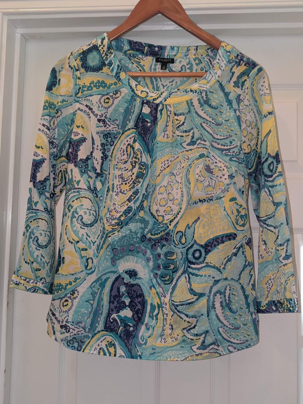 Talbots Paisley 3/4 Sleeve Blouse in Aqua, Teal, Yellow